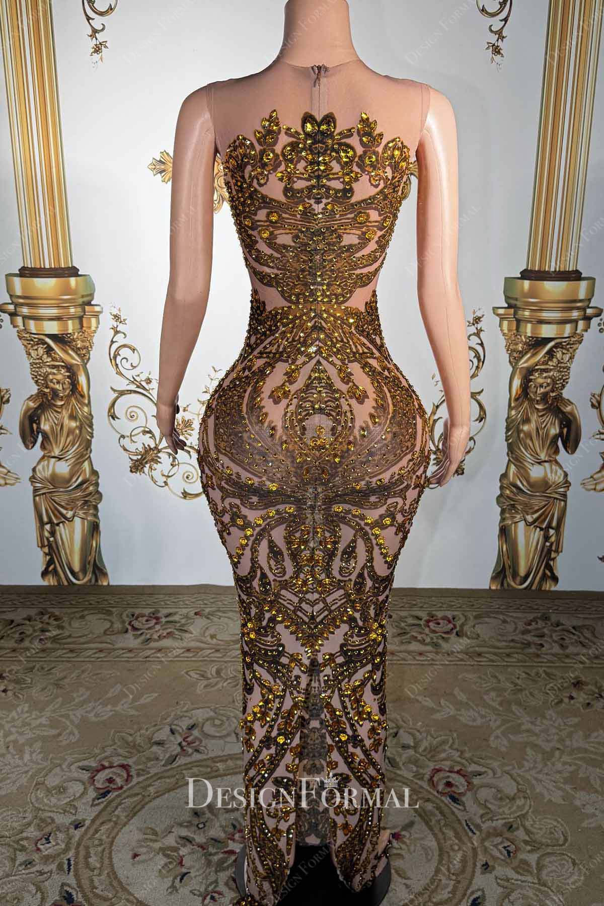 warm beige back split prom dress