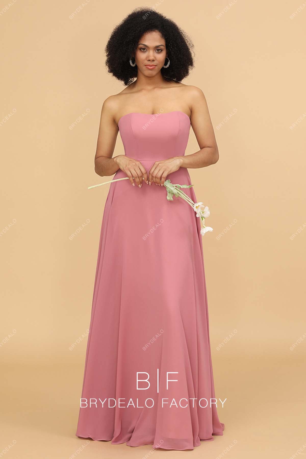 watermelon chiffon strapless bridesmaid dress