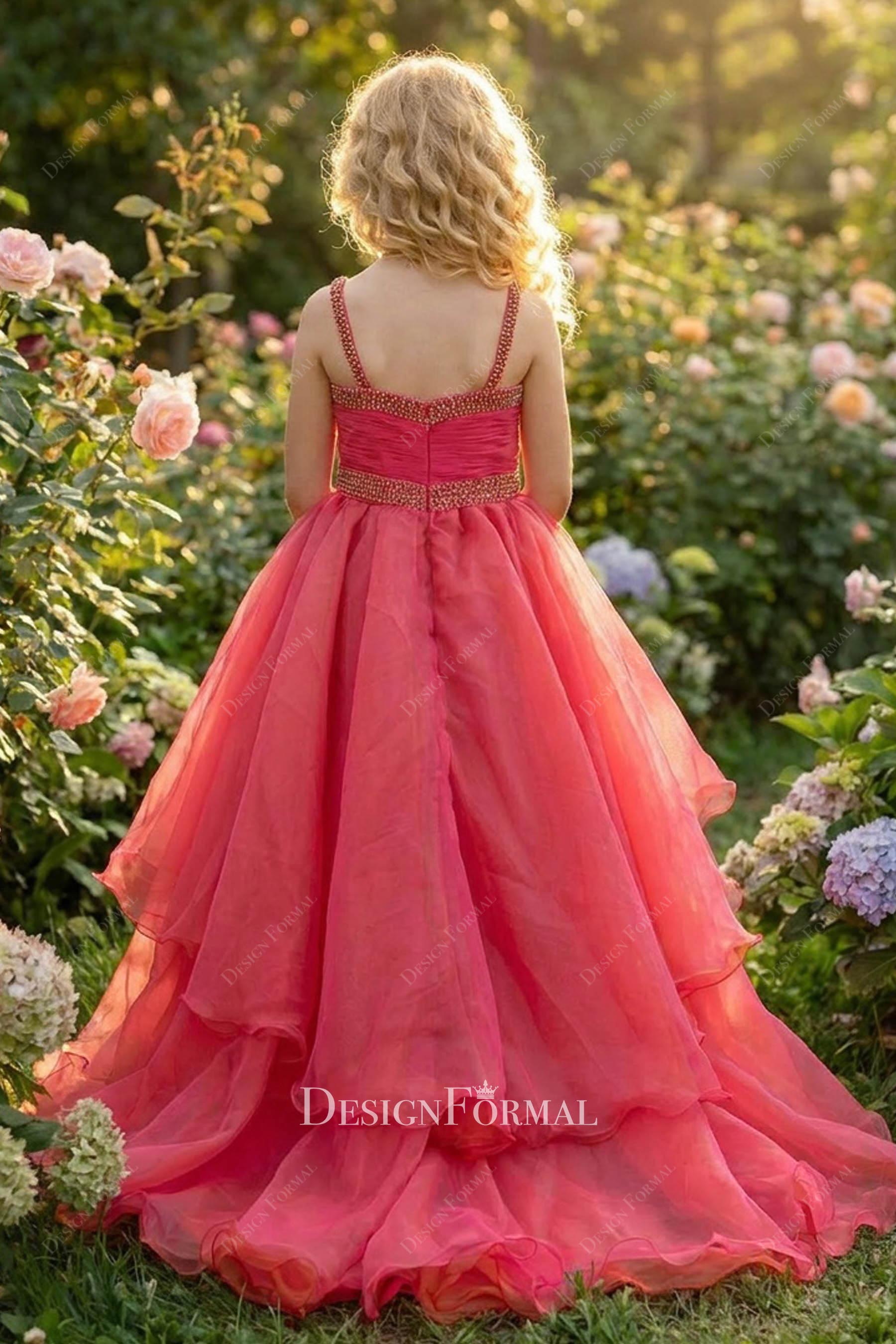 watermelon organza layered pageant dress