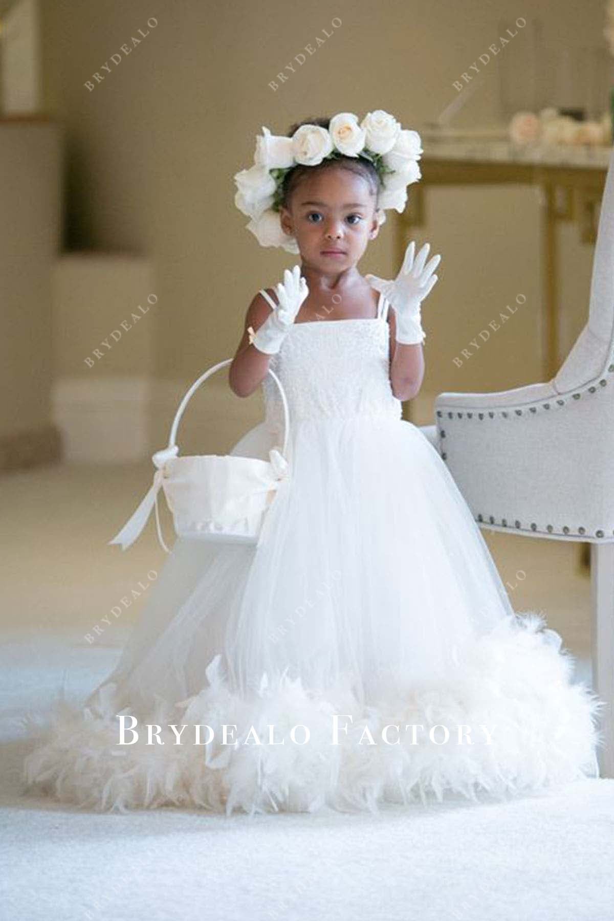 white tulle feathered flower girl dress