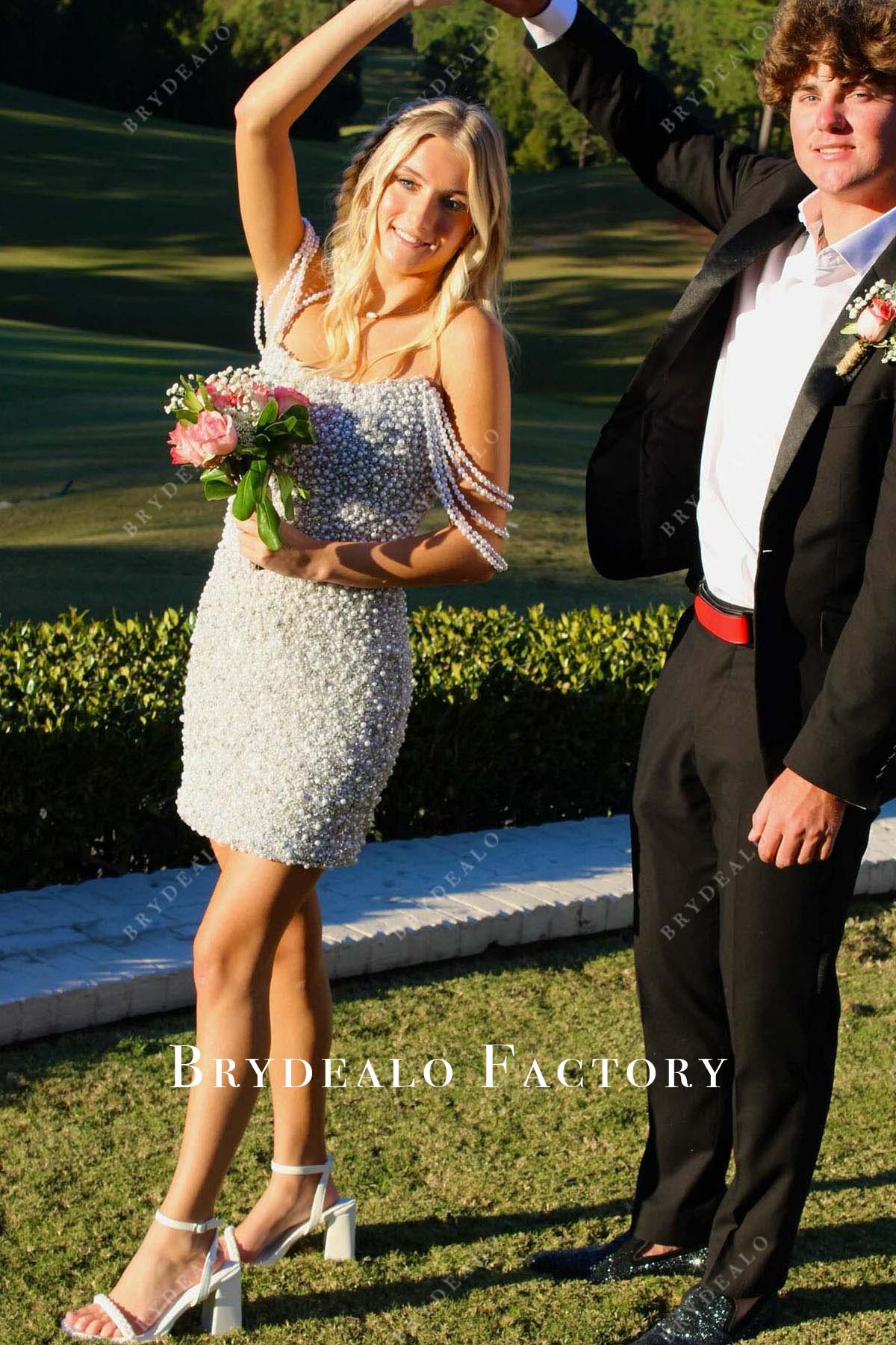 white beaded scoop neck mini cocktail dress