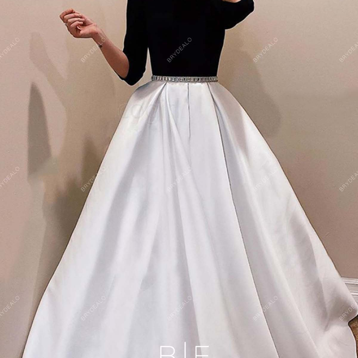 Black White Satin Simple 3/4 Sleeves Prom Ball Gown Graduation Dress