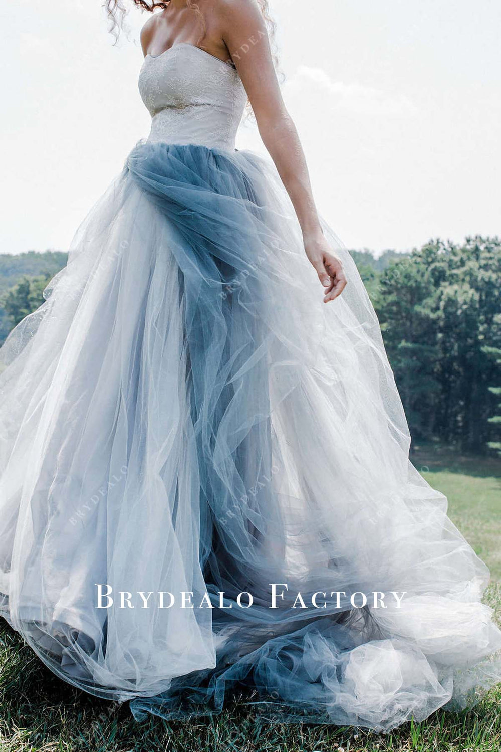 Strapless White Lace Blue Tulle Destination Wedding Gown