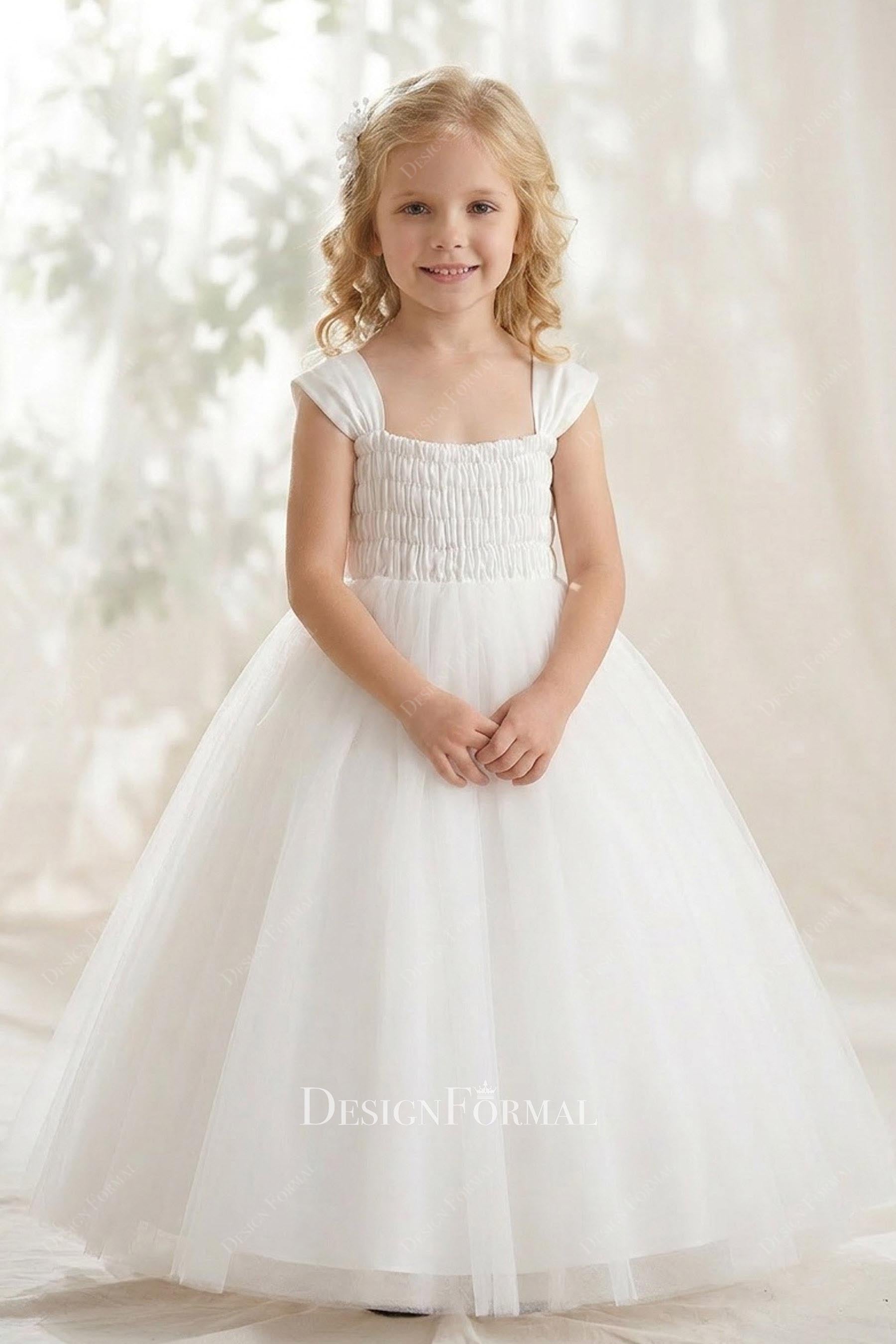 white cap sleeve flower girl ballgown