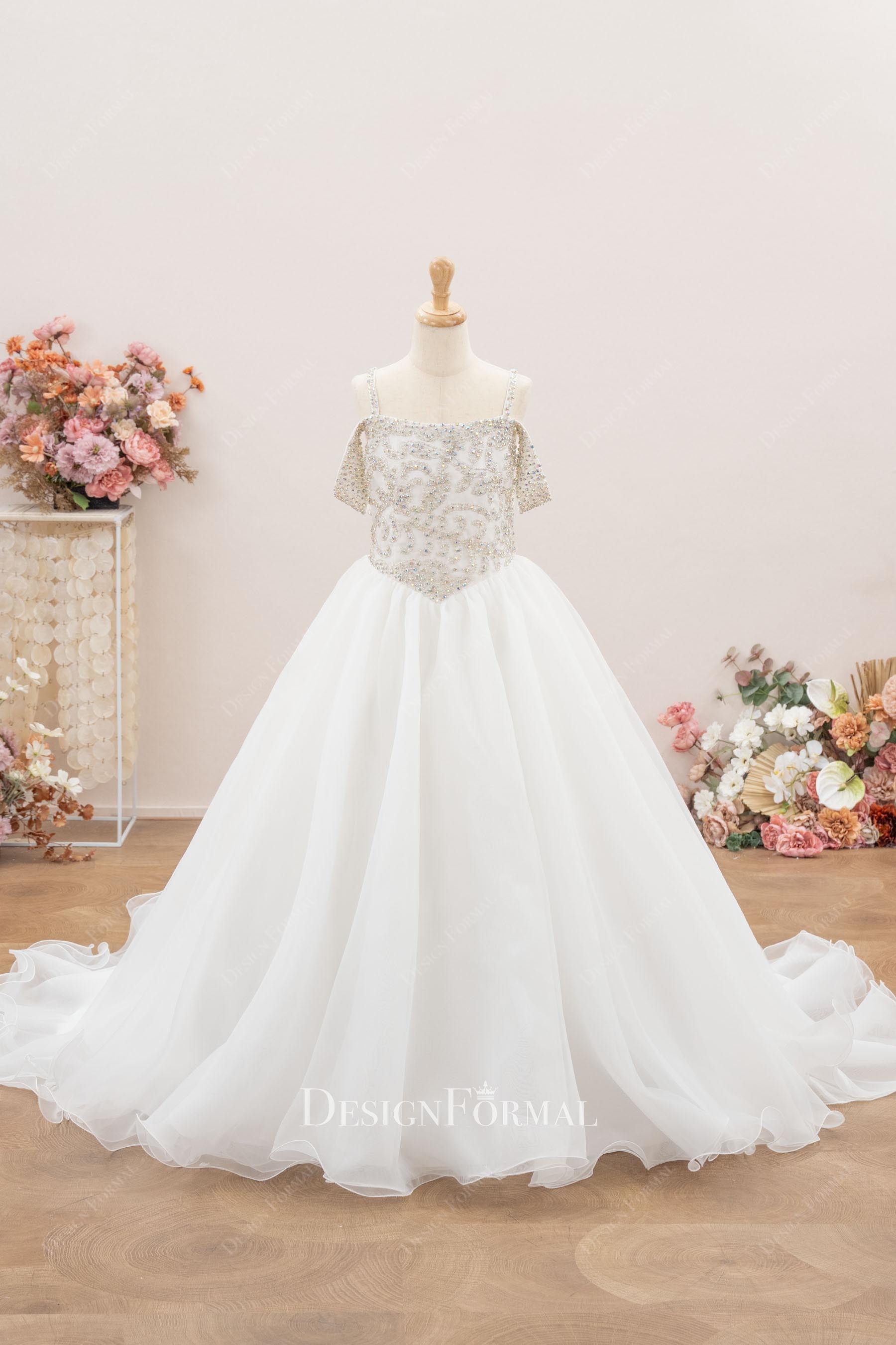 white cold shoulder sleeve first communion dress