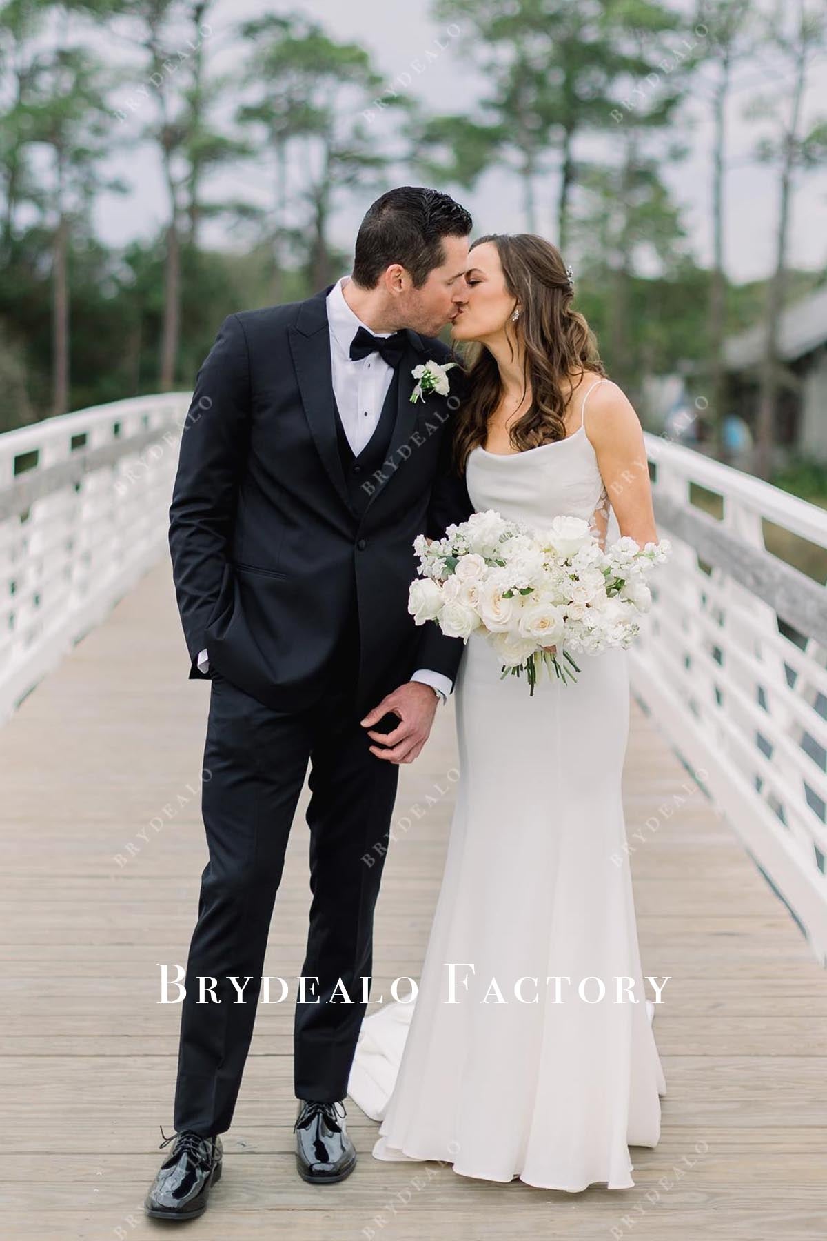 white cowl neck wedding dress