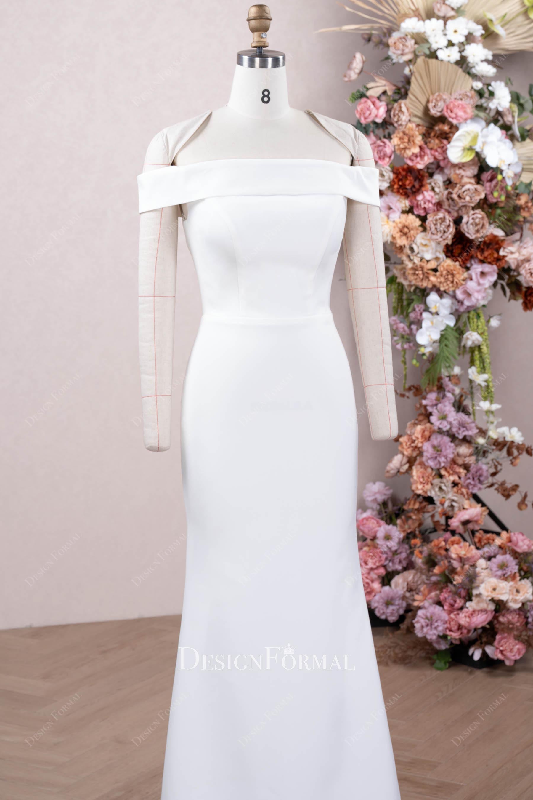 white crepe off the shoulder bridal dress