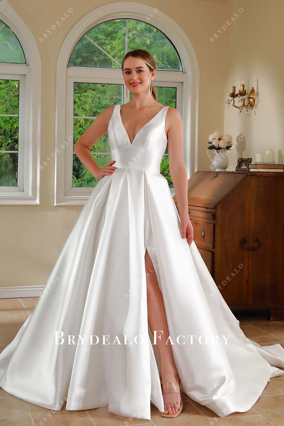 white deep v neck slit wedding dress