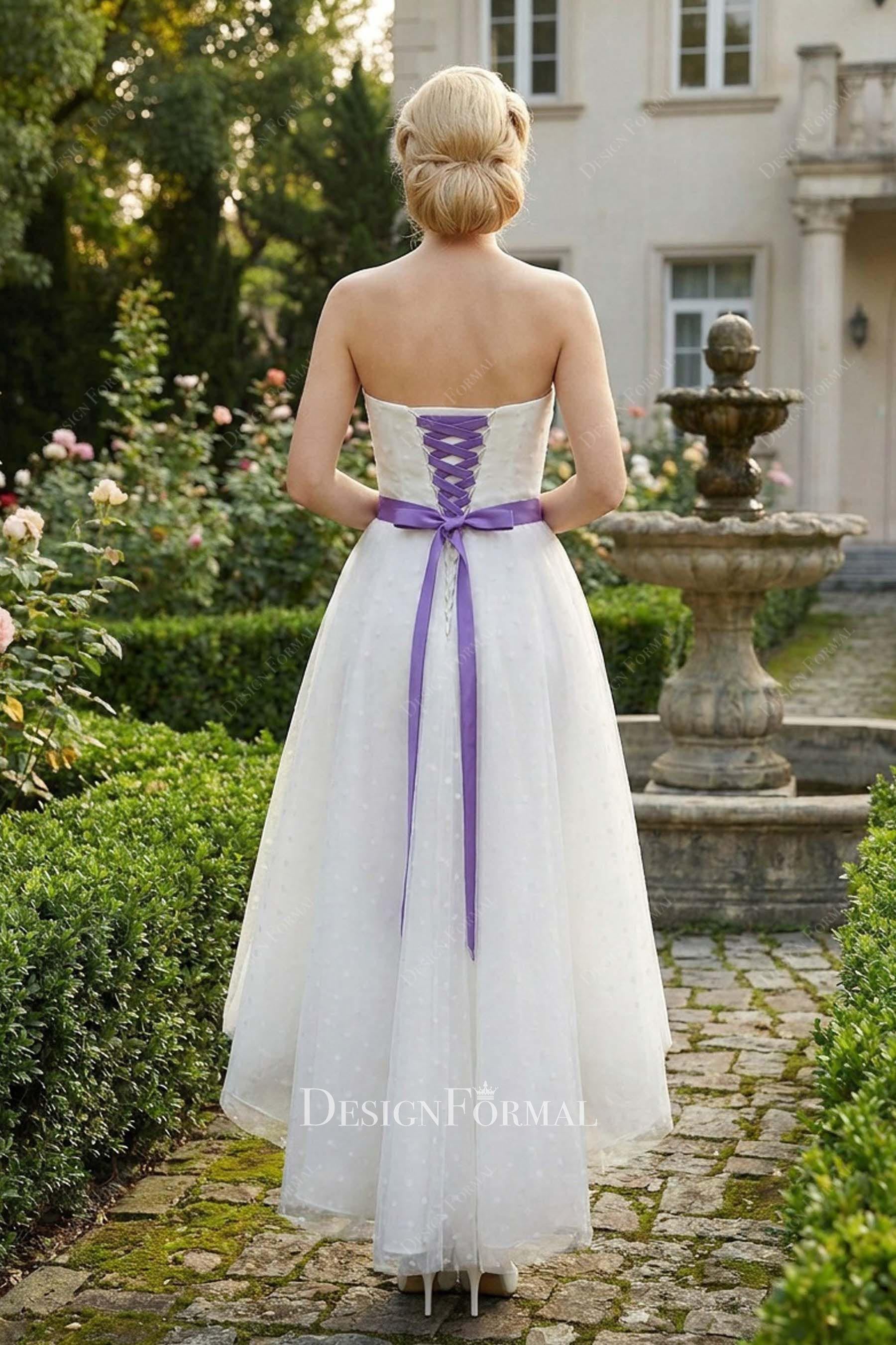white dot tulle purple bowknot bridal dress