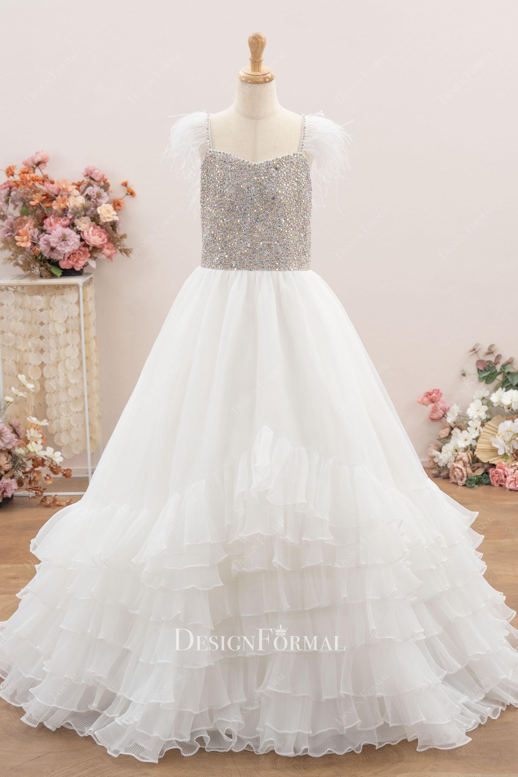white feather layered a line teen pageant dress