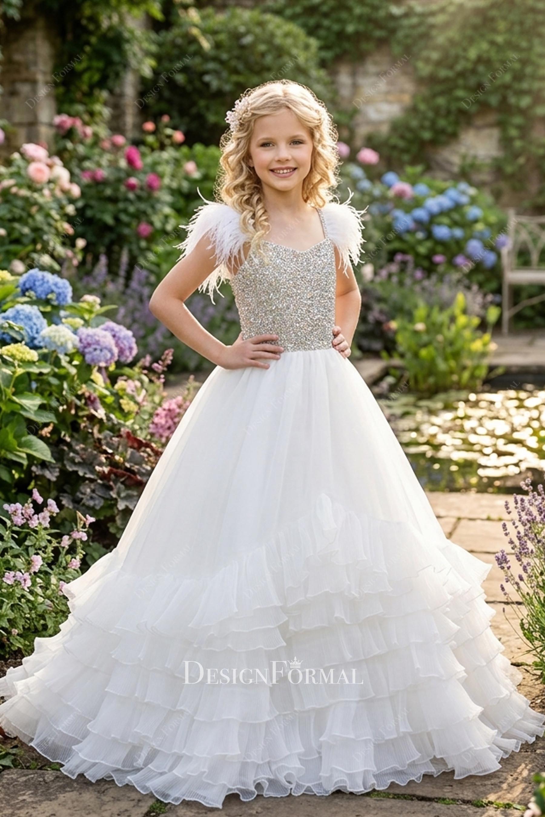 white feather sleeve kids pageant dress