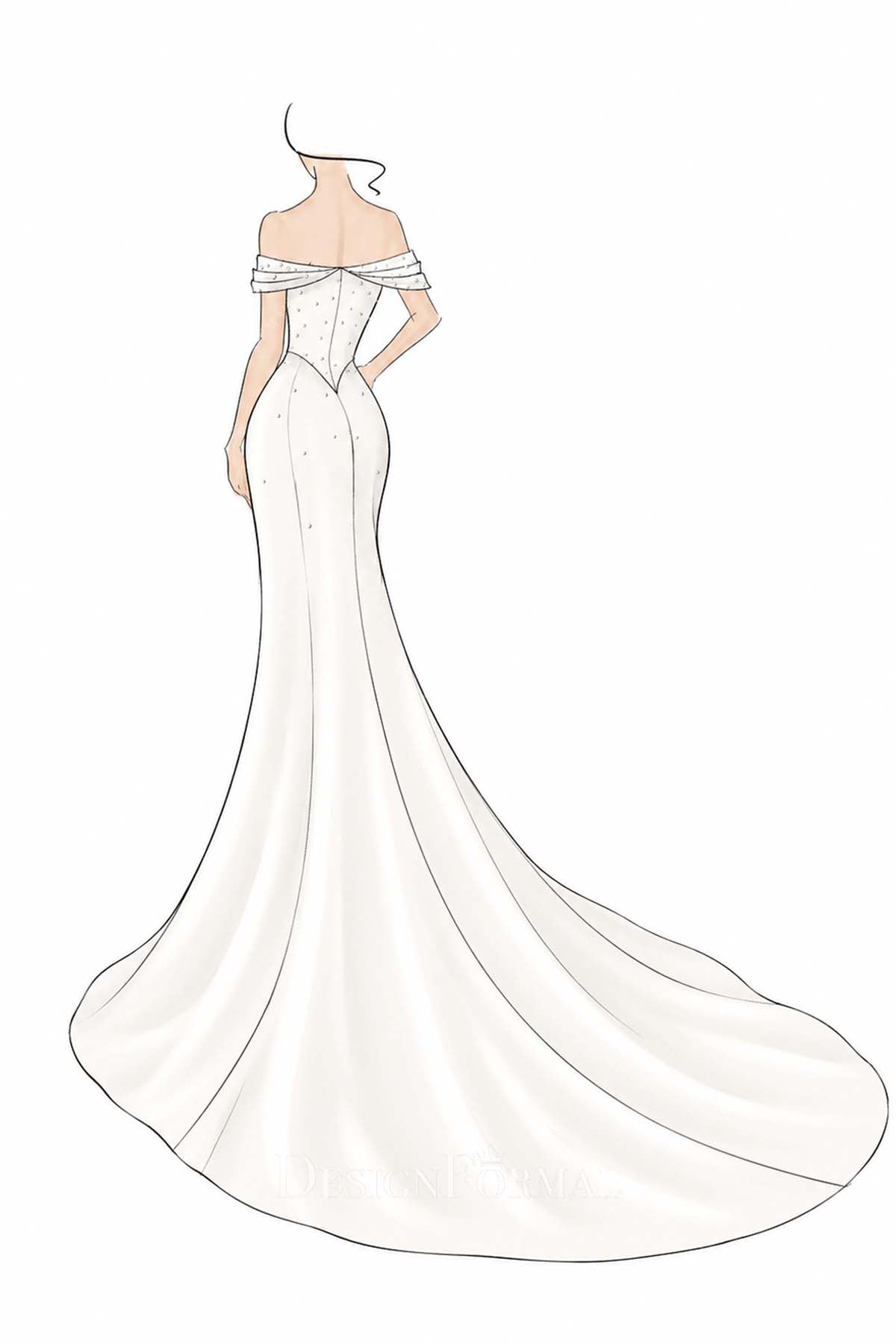 white fit flare chapel train wedding dress