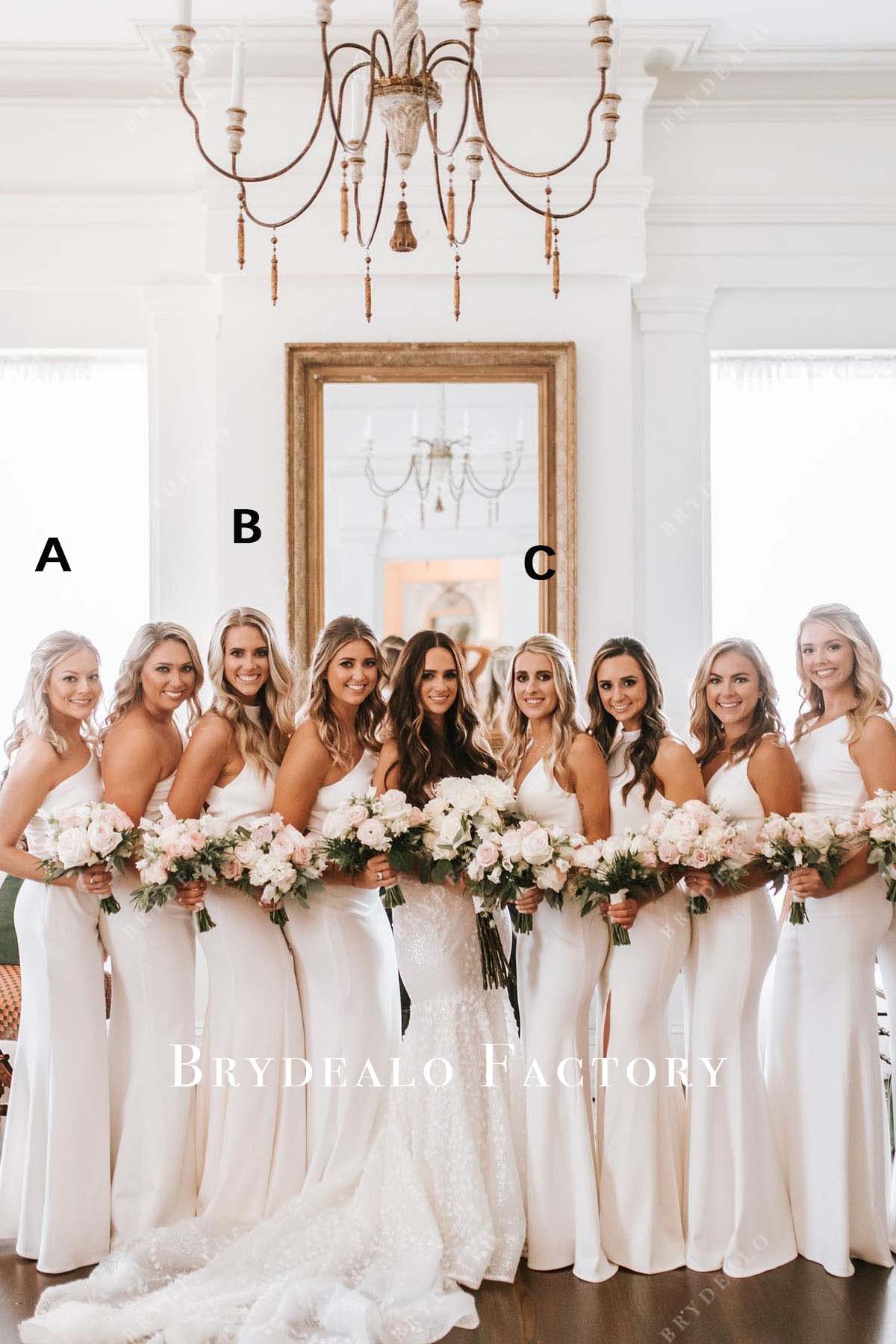 white floor length mismatched bridesmaid dresses