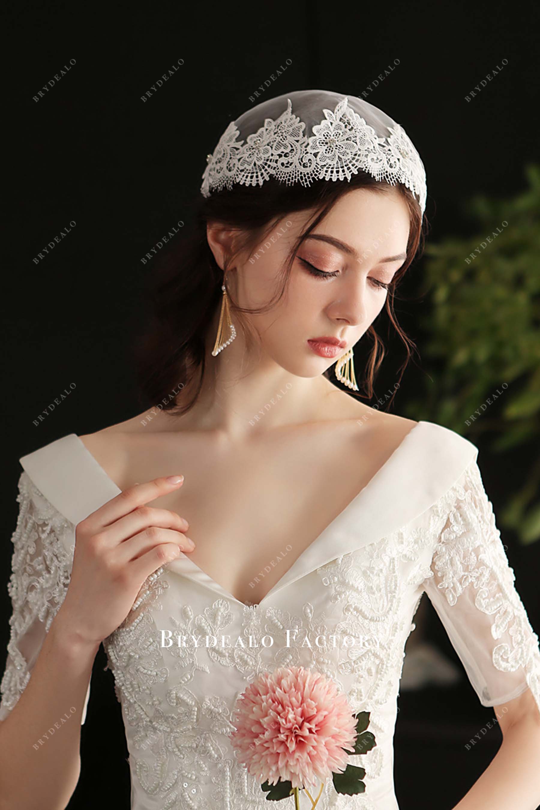 white floral hat bridal veil