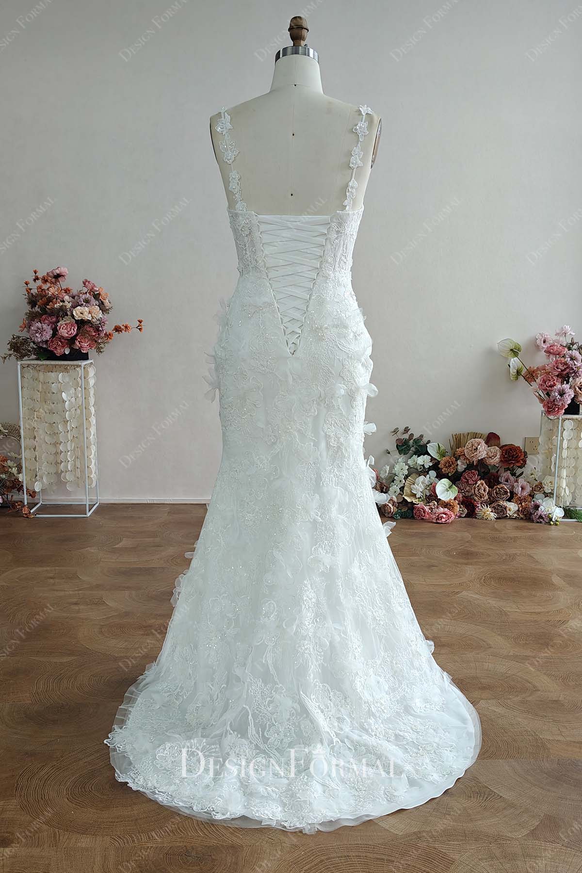 white floral lace mermaid wedding dress