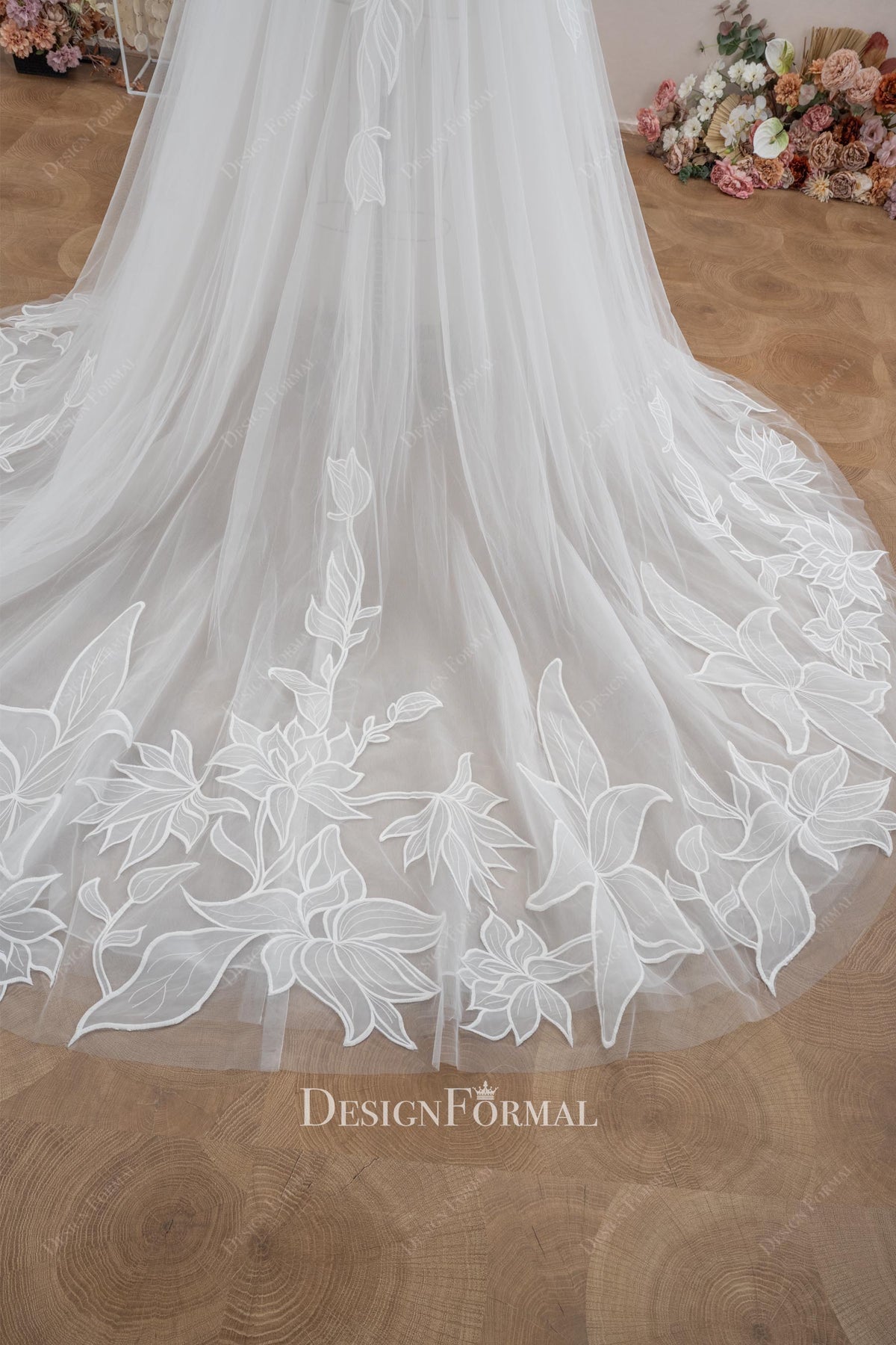 white flower lace tulle bridal overskirt 
