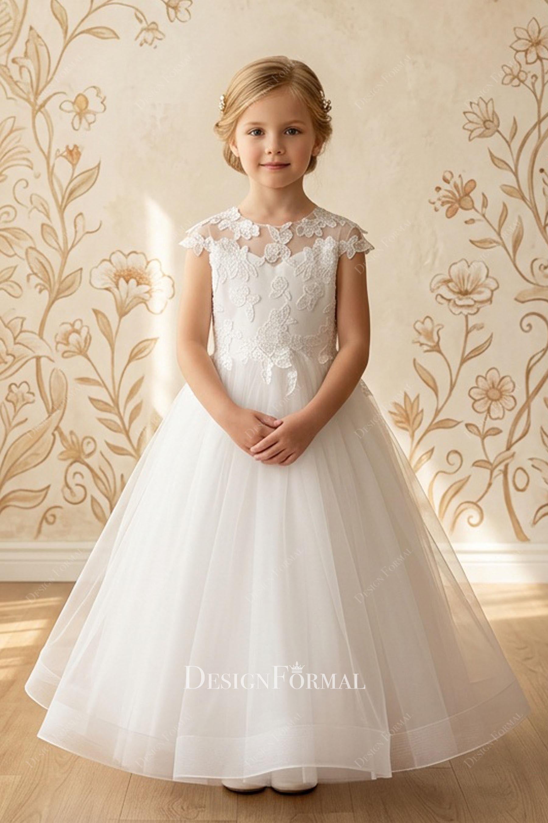 white lace a line little girl dress