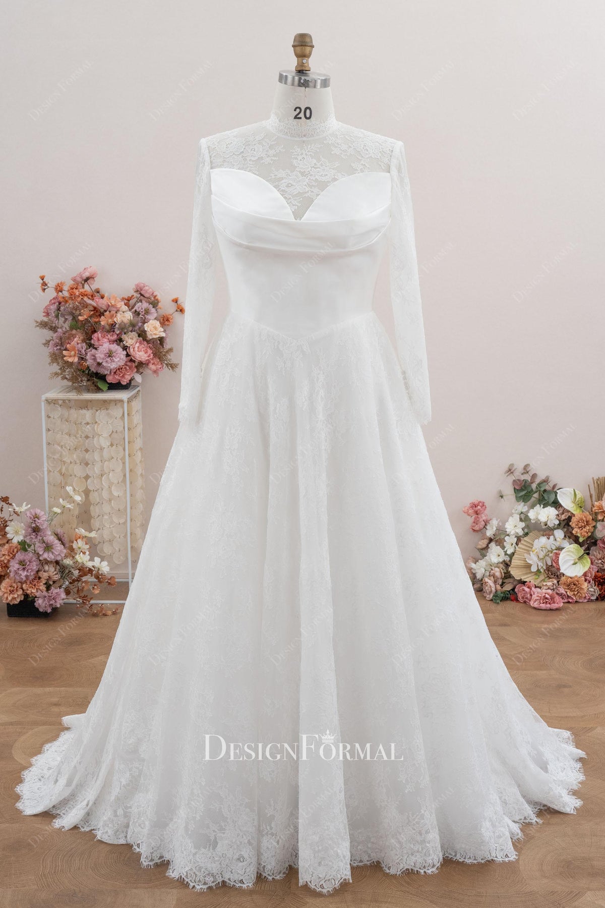 white lace a line wedding dress