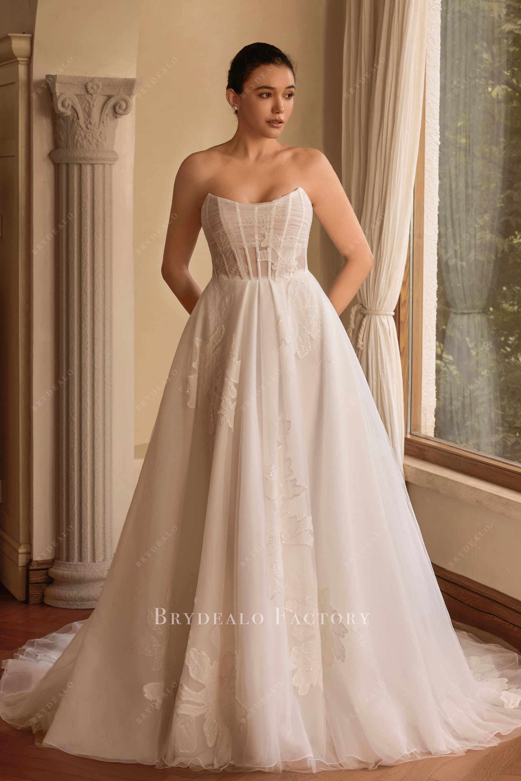 white lace a line wedding gown