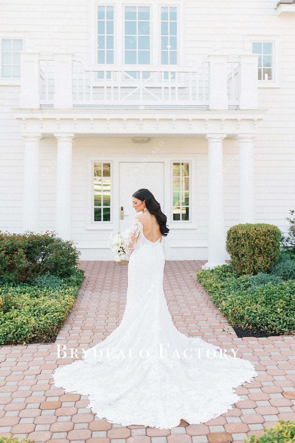 white lace appliques open back wedding dress