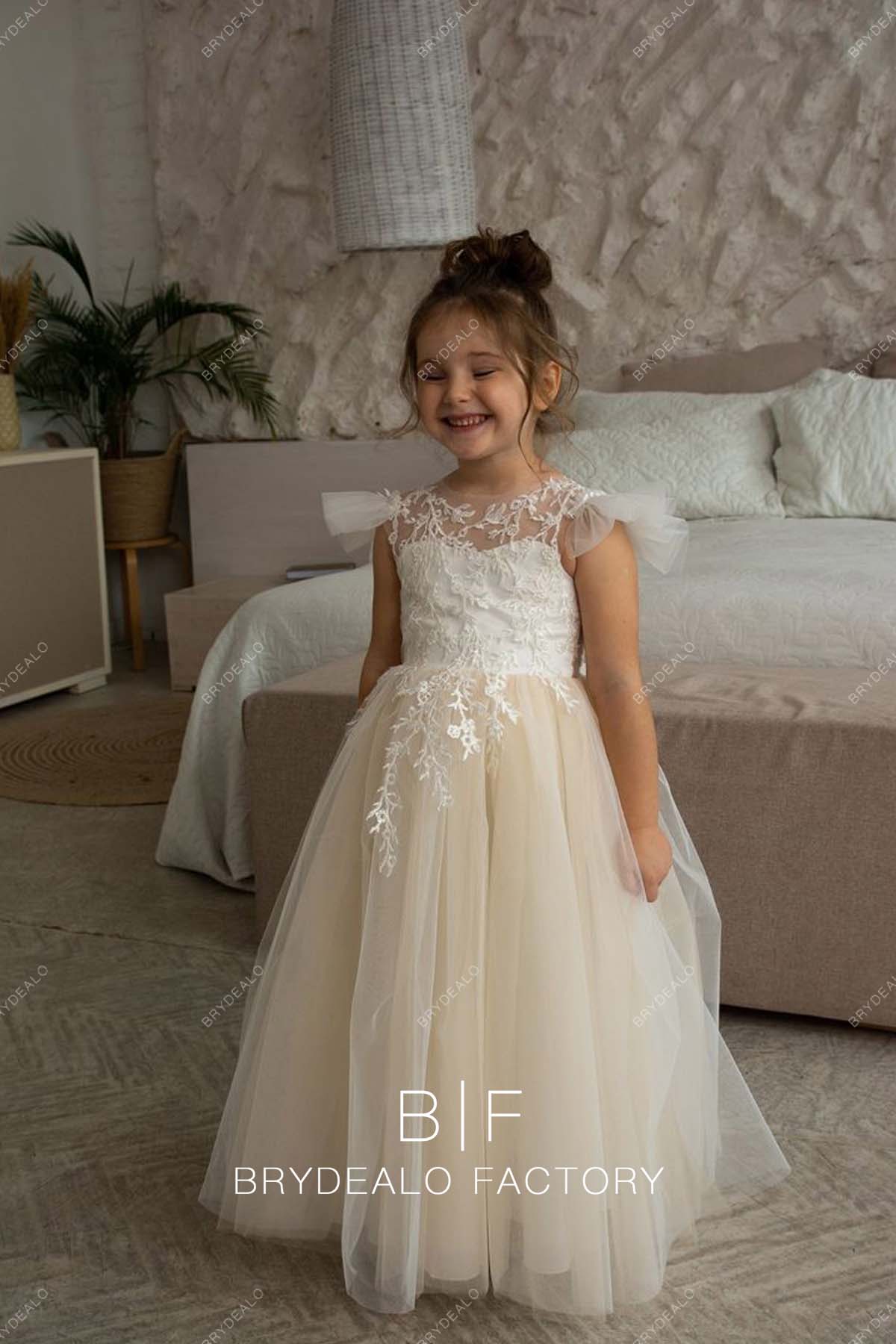 White Lace Champagne Tulle Ball Gown Flower Girl Dress