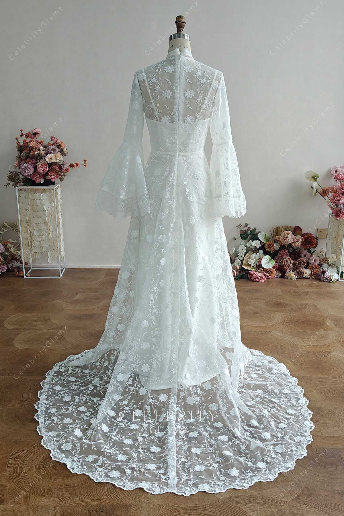 white lace court train bridal dress