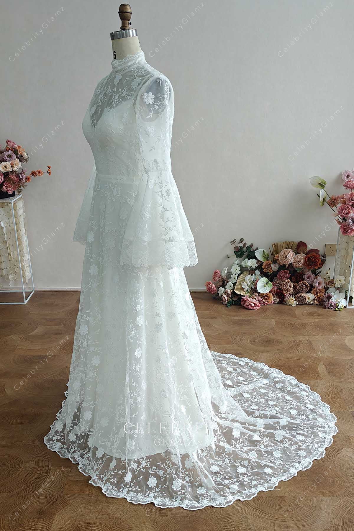 white lace illusion train bridal dress
