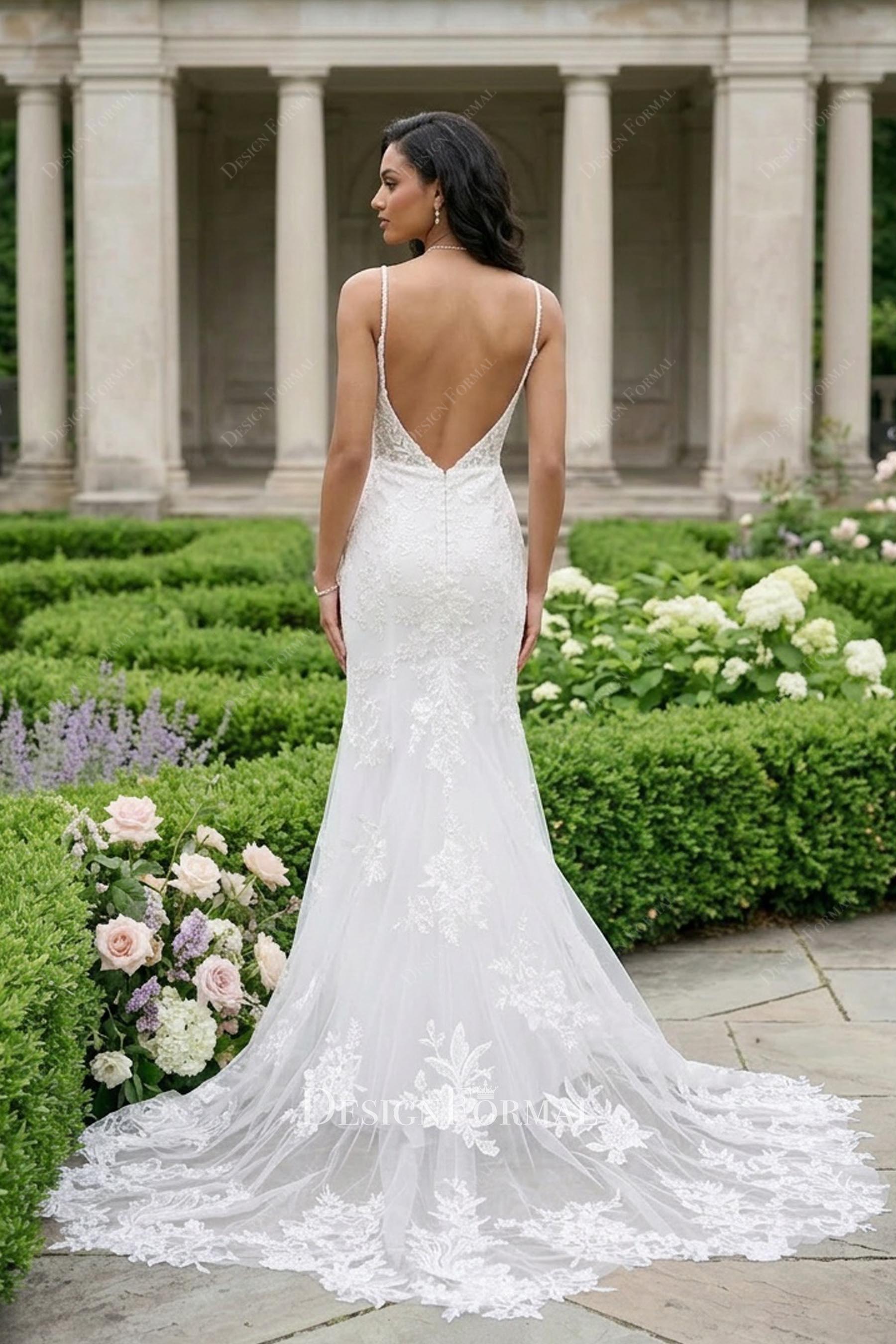 white lace illusion train wedding dress