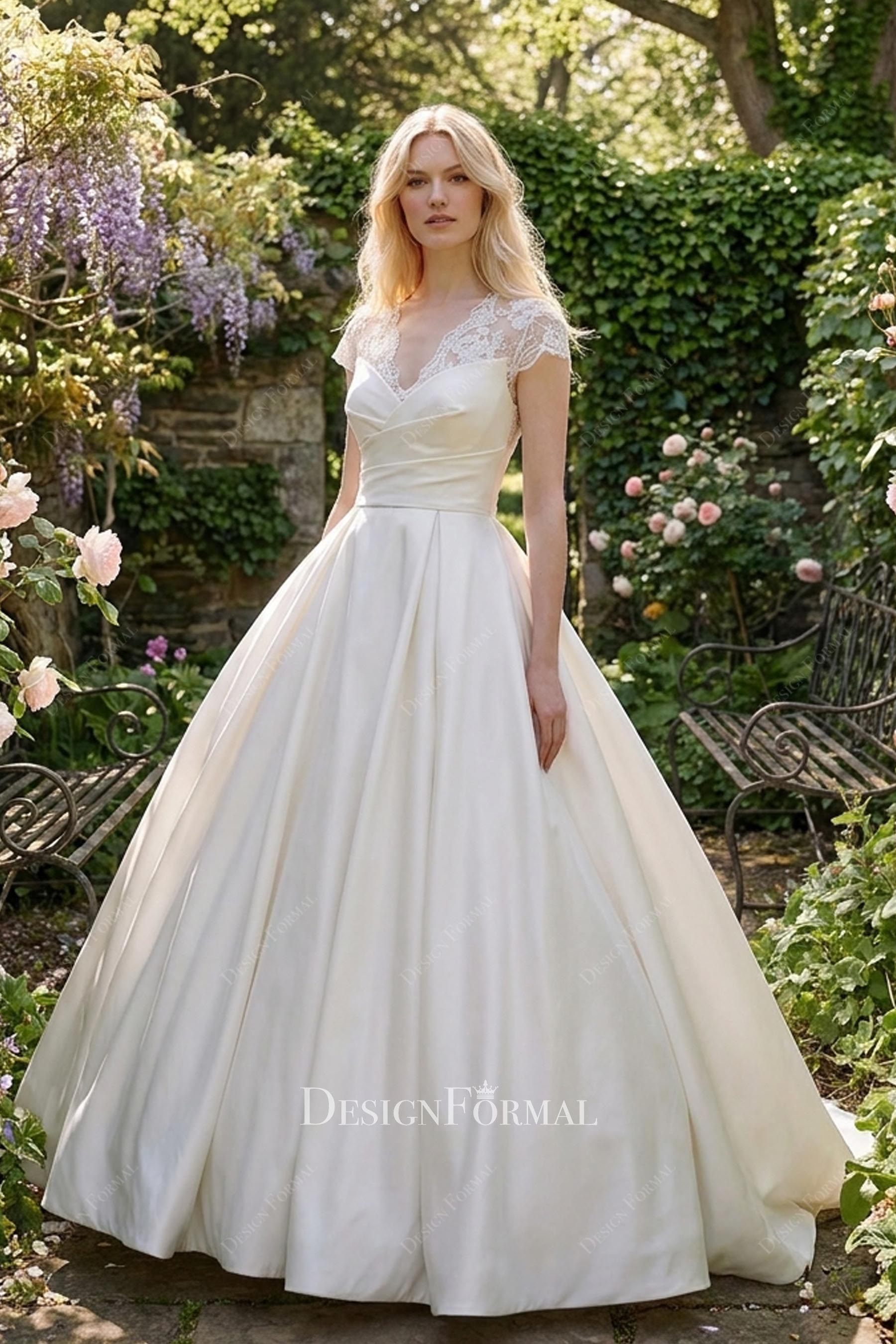 white lace satin wedding ballgown