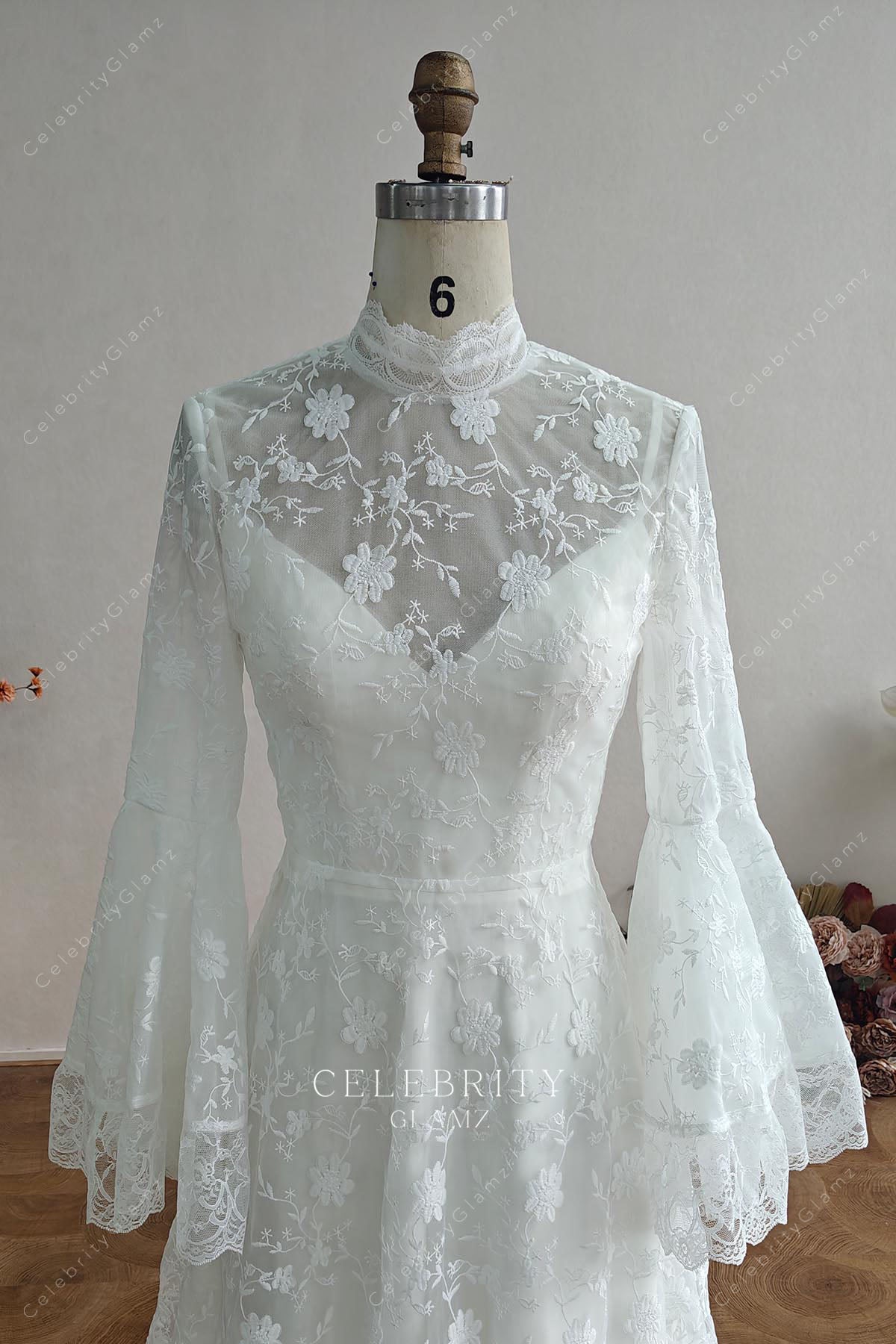 white lace scalloped neck bridal dress