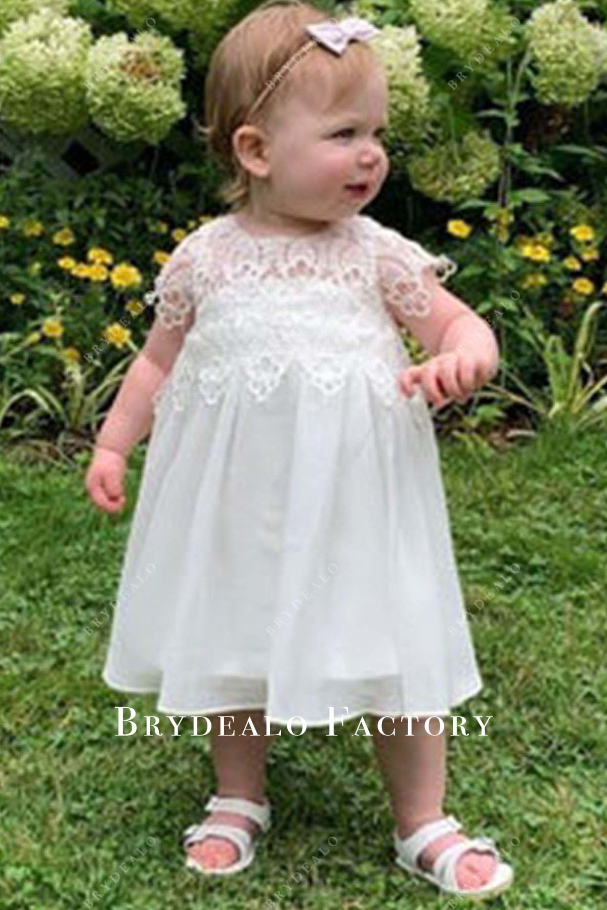 white lace sheer neck tea length toddler dress