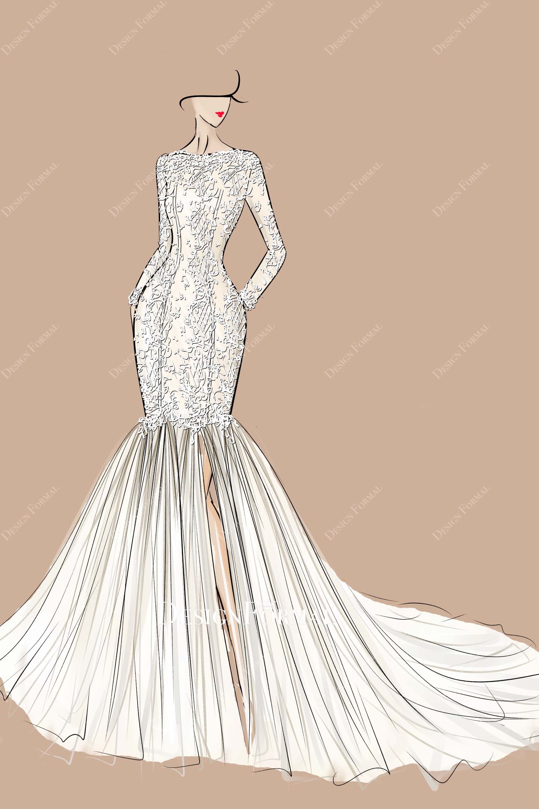 White Lace Long Sleeve Slit Trumpet Wedding Dress Sketch