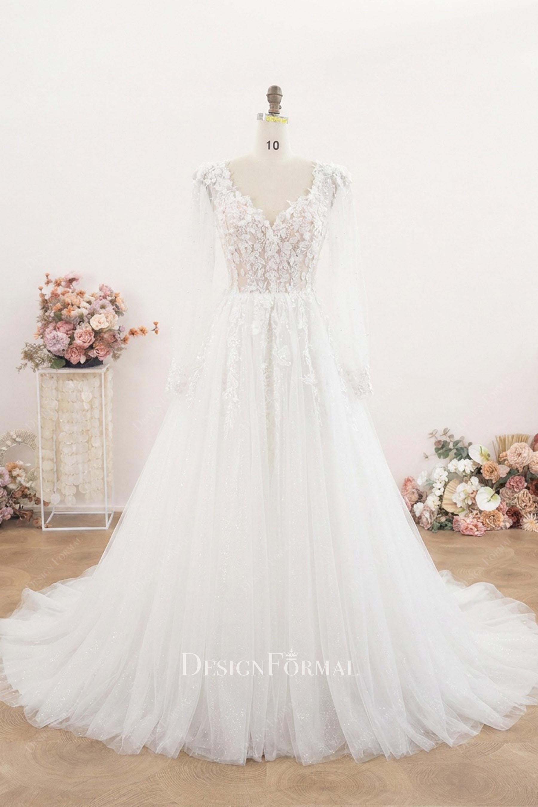 white lace tulle a line wedding dress