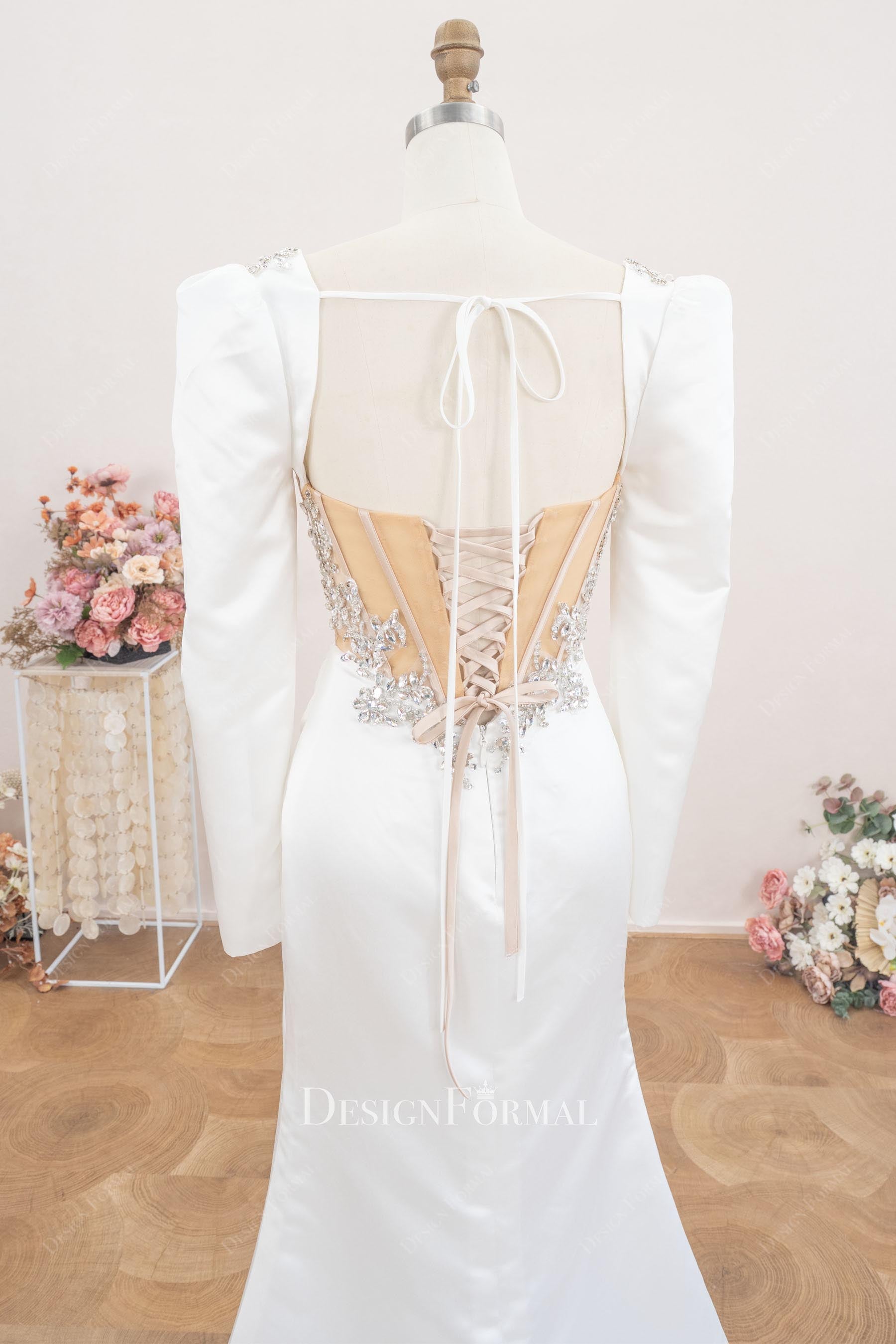 white lace up back wedding dress