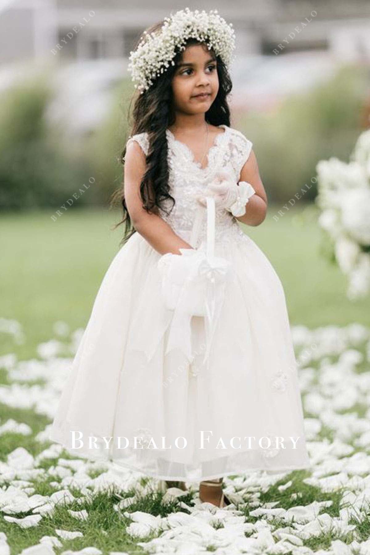 white lace v-neck tea length flower girl dress