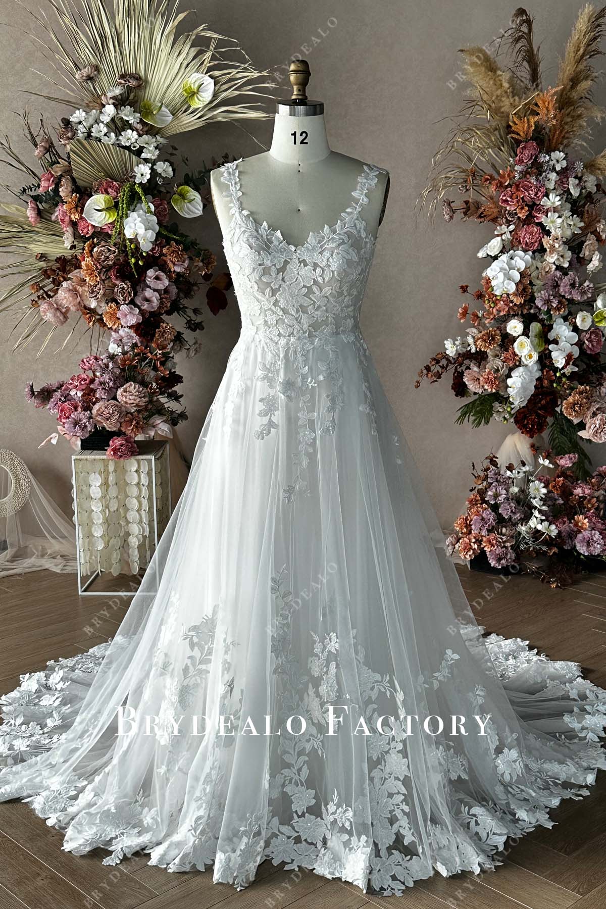 Custom White Lace A-line Long Wedding Dress
