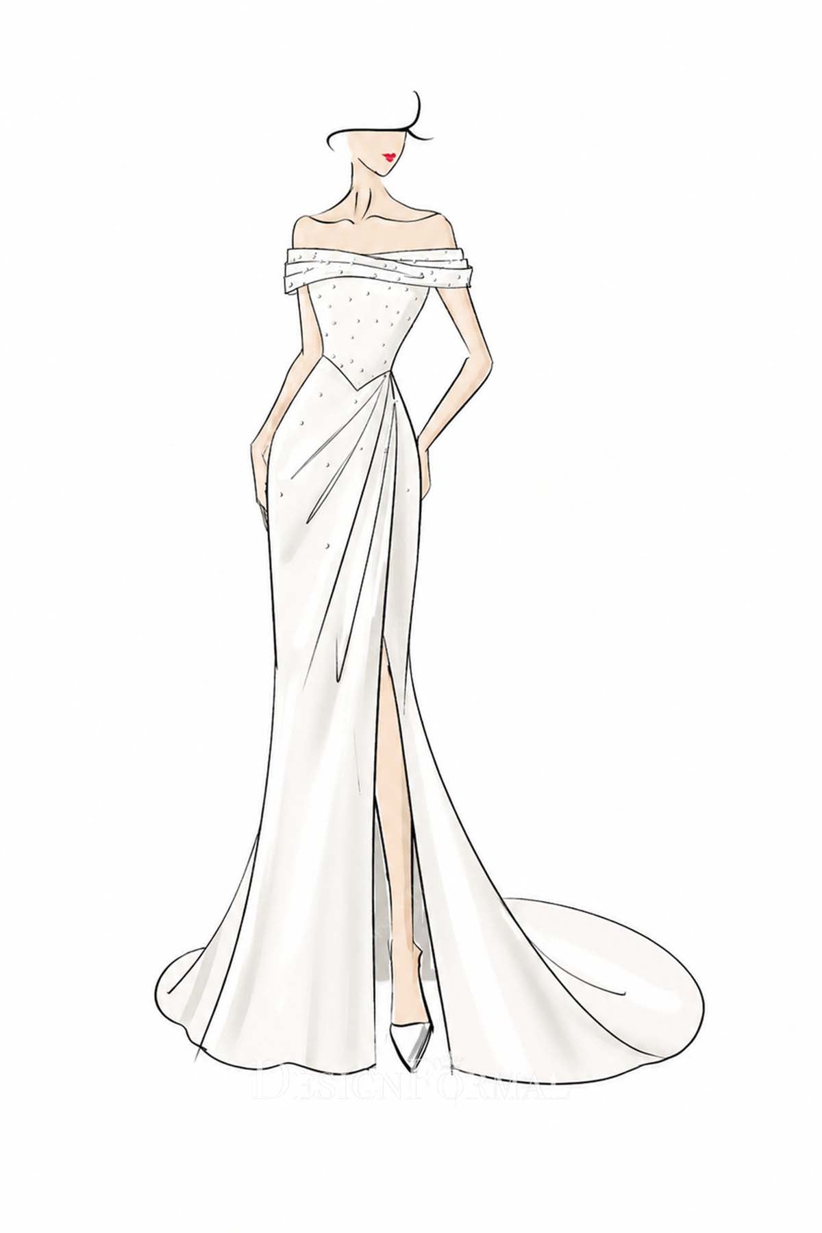 white Mikado off shoulder slit wedding dress