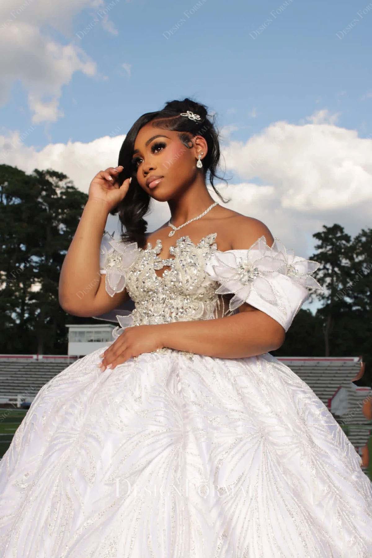 white off the shoulder a line prom ballgown