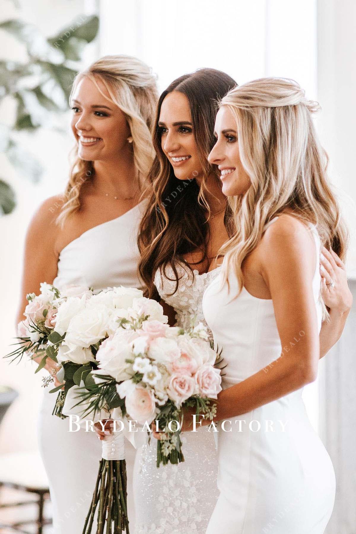 white one shoulder mismatched bridesmaid dresses