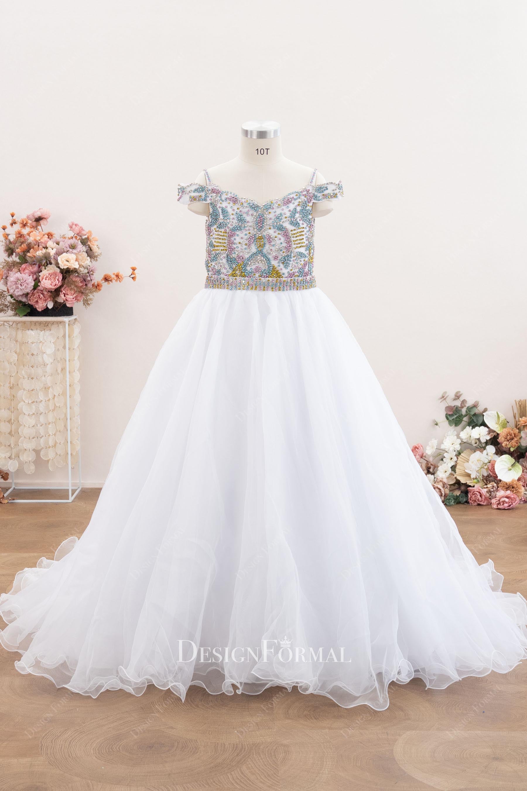 white organza a line kids pageant dress