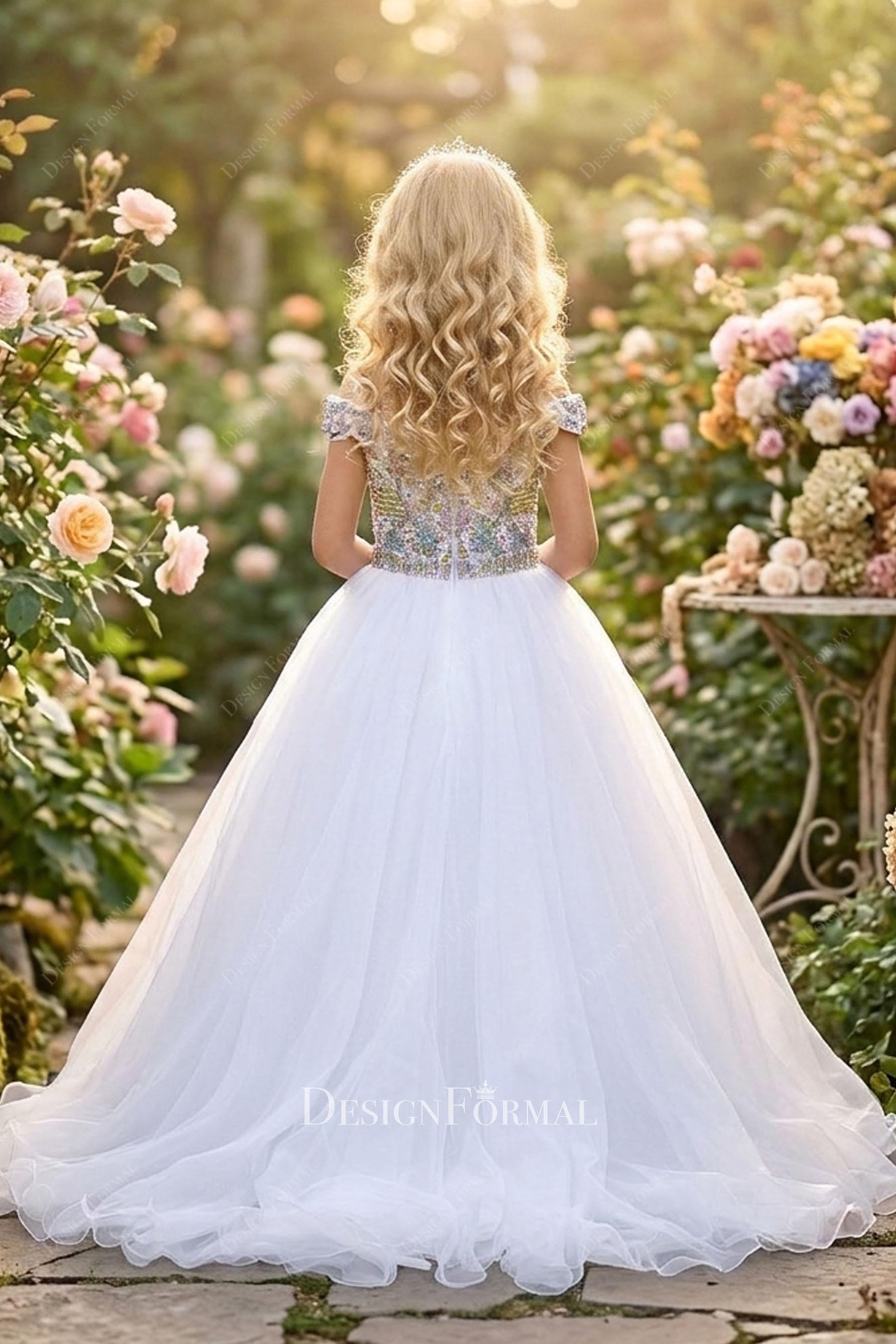 white organza a line sweep train pageant dress