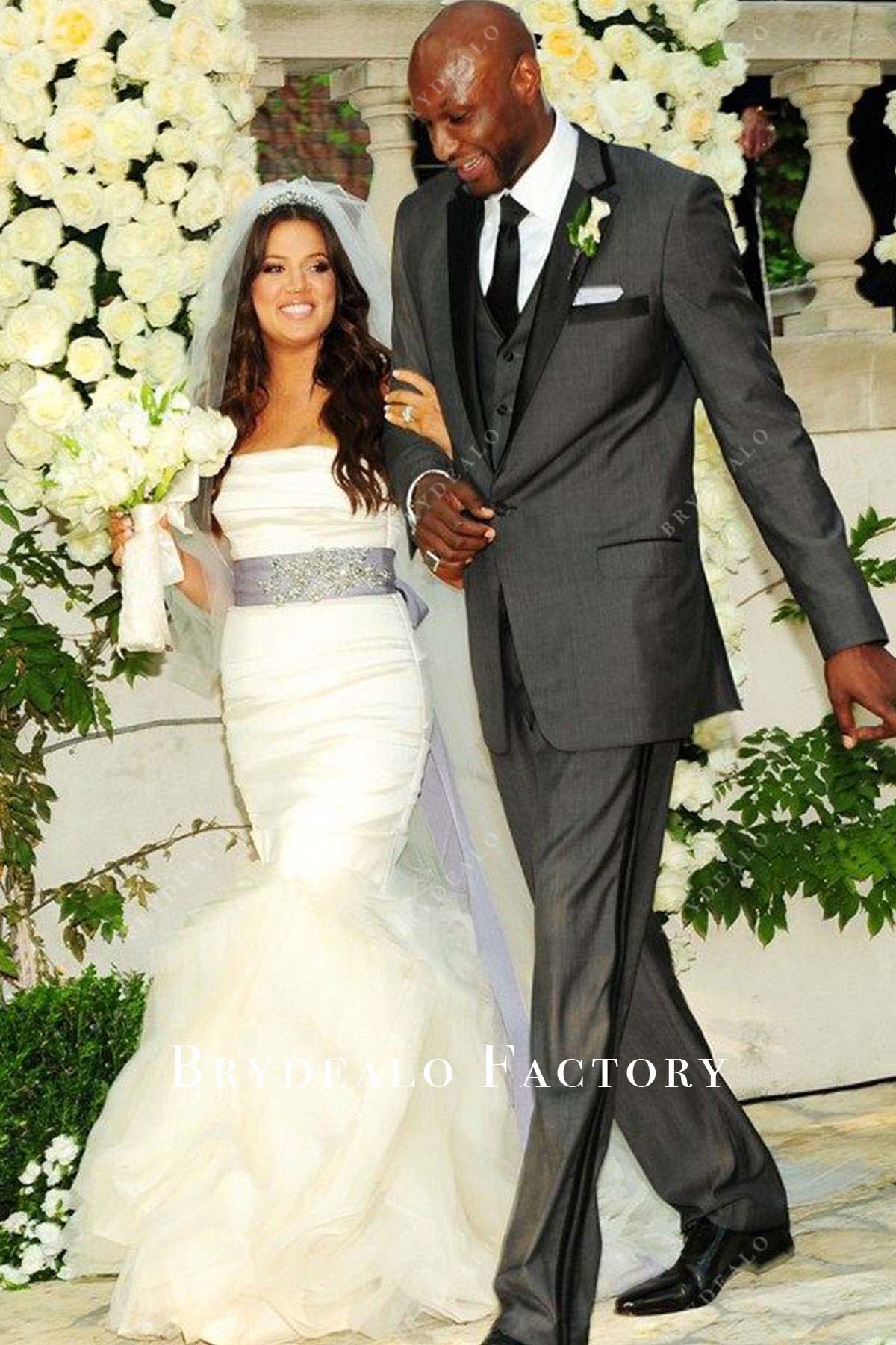 Khloé Kardashian white pleated strapless trumpet wedding dress