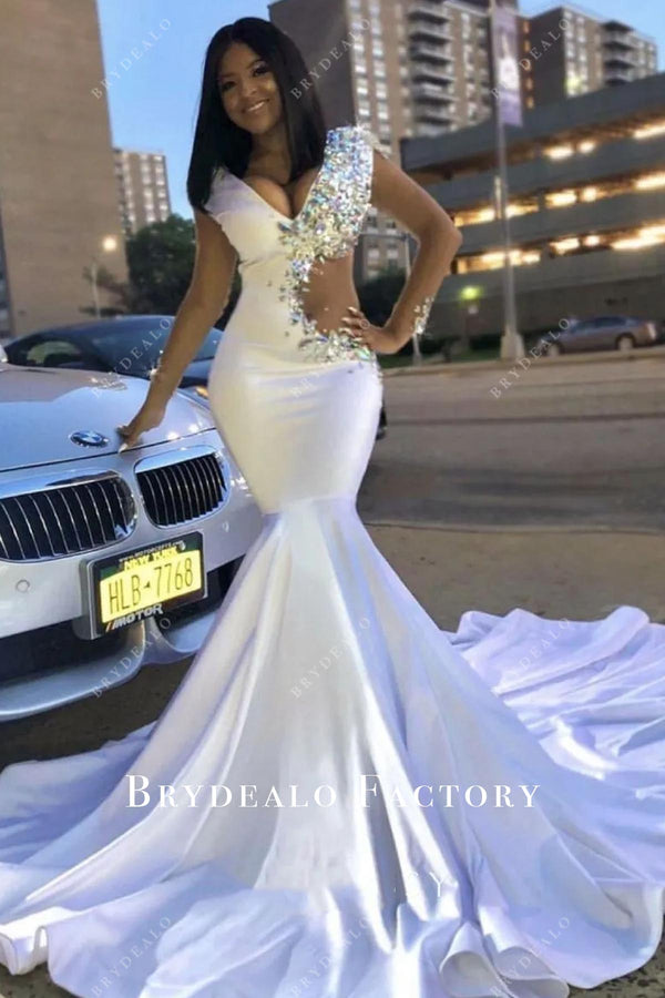 Sexy Deep V-Neck Crystals Satin Mermaid Prom Dress with Sweep Train Side Slit