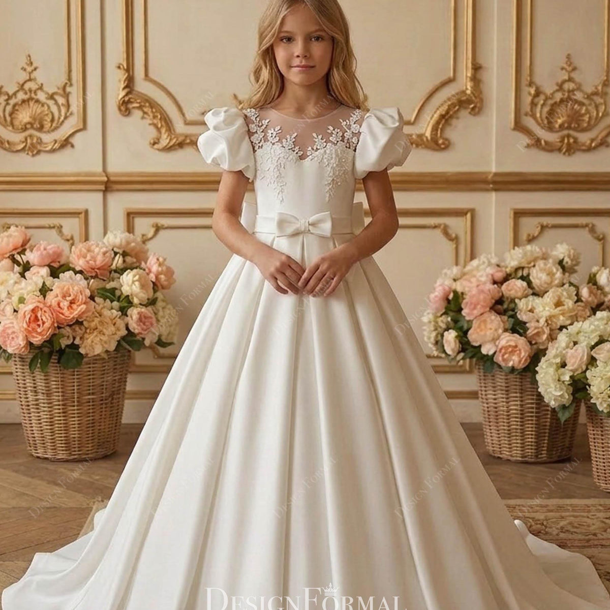 a line first communion dresses Illusion Neck Lace Puffy Sleeve A-Line Dress work wearhigh quality Black Cotton Sleeveless A-Line Childrens gala dresses 2022 Size:LP