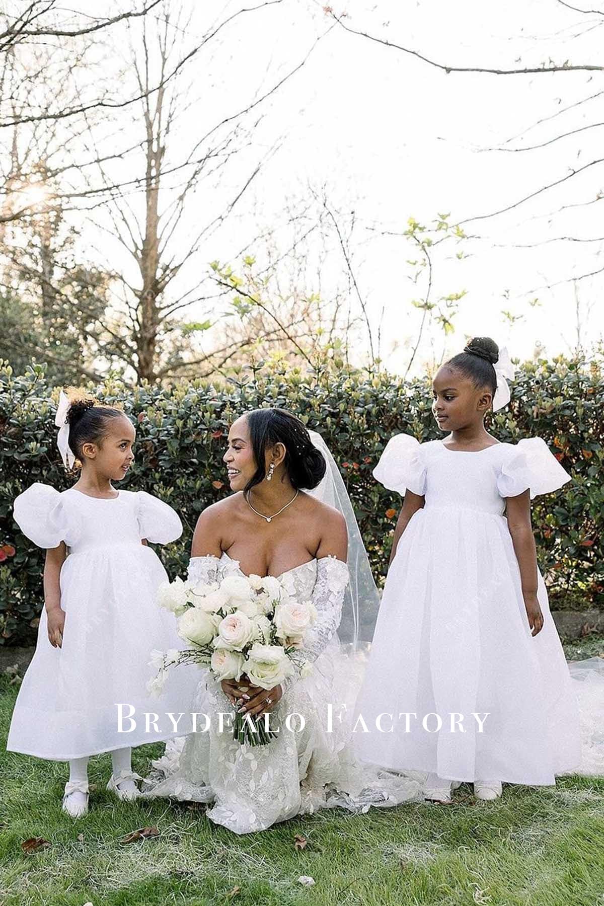 white puffy sleeves a line flower girl dress