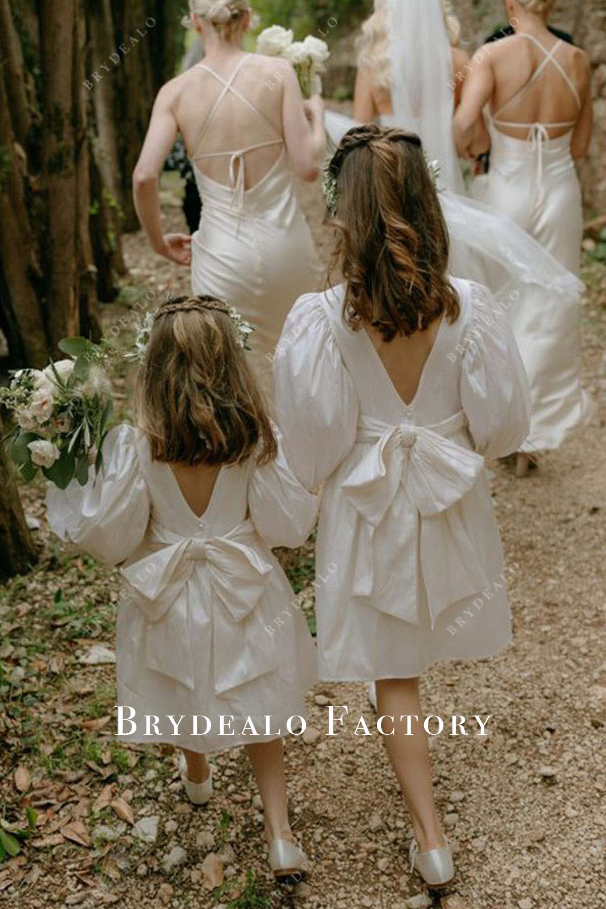 white puffy sleeves v back bow flower girl dress