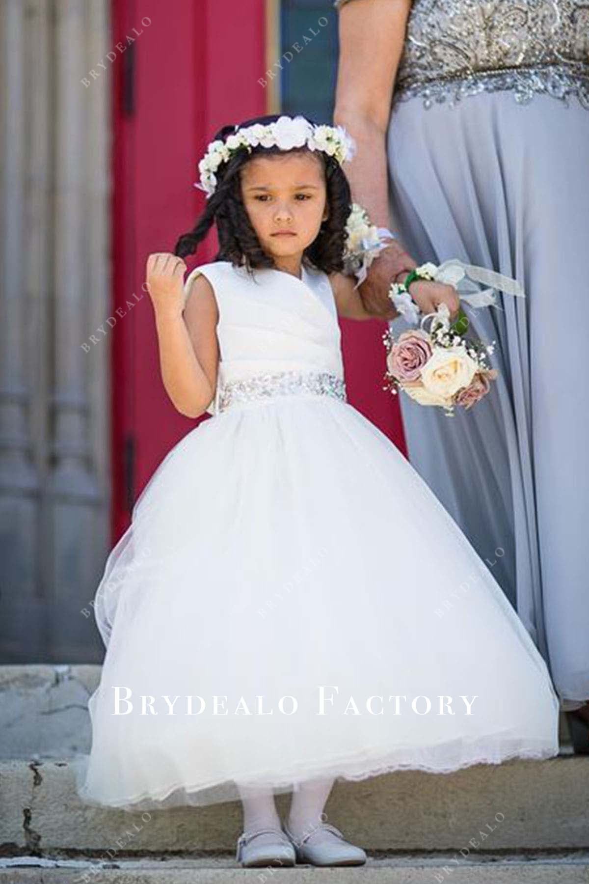 ruched tea length flower girl ballgown