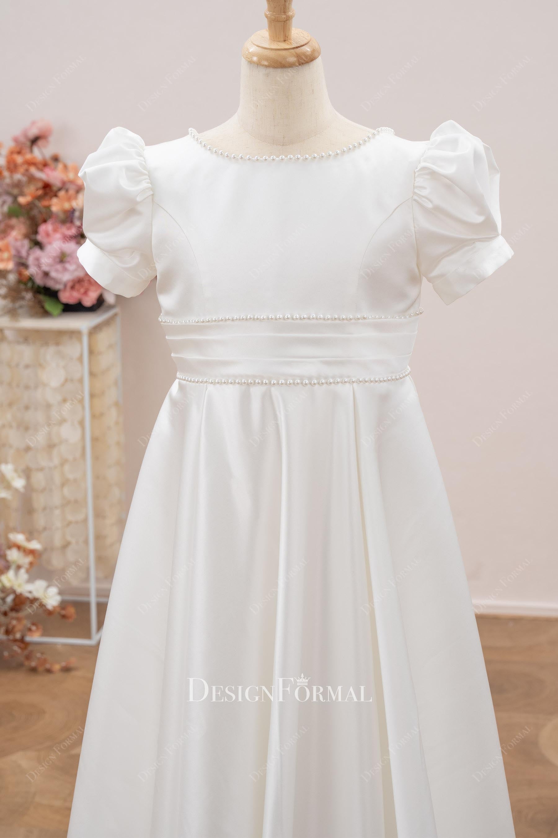 white satin a line flower girl dress