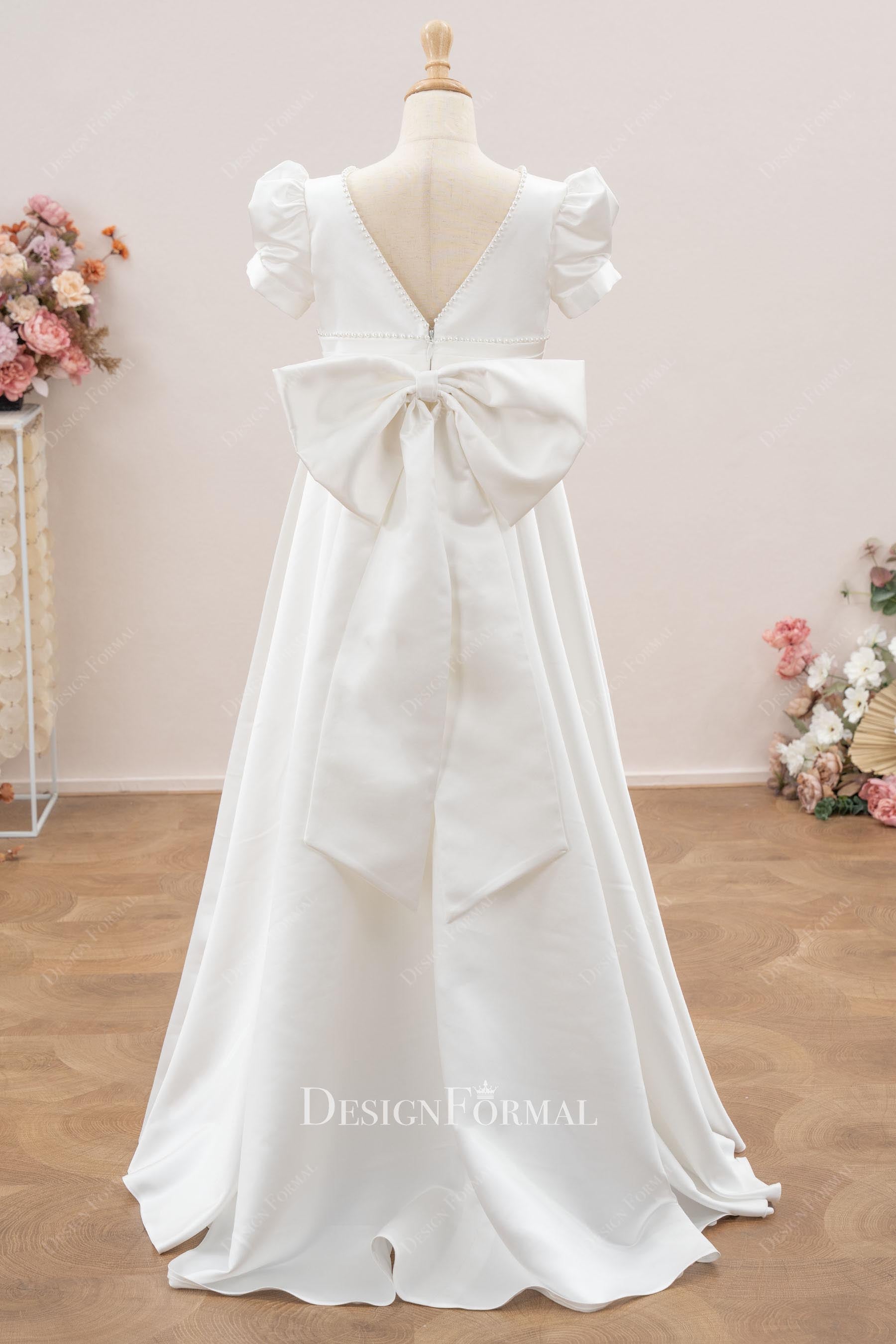 white satin big bowknot flower girl dress