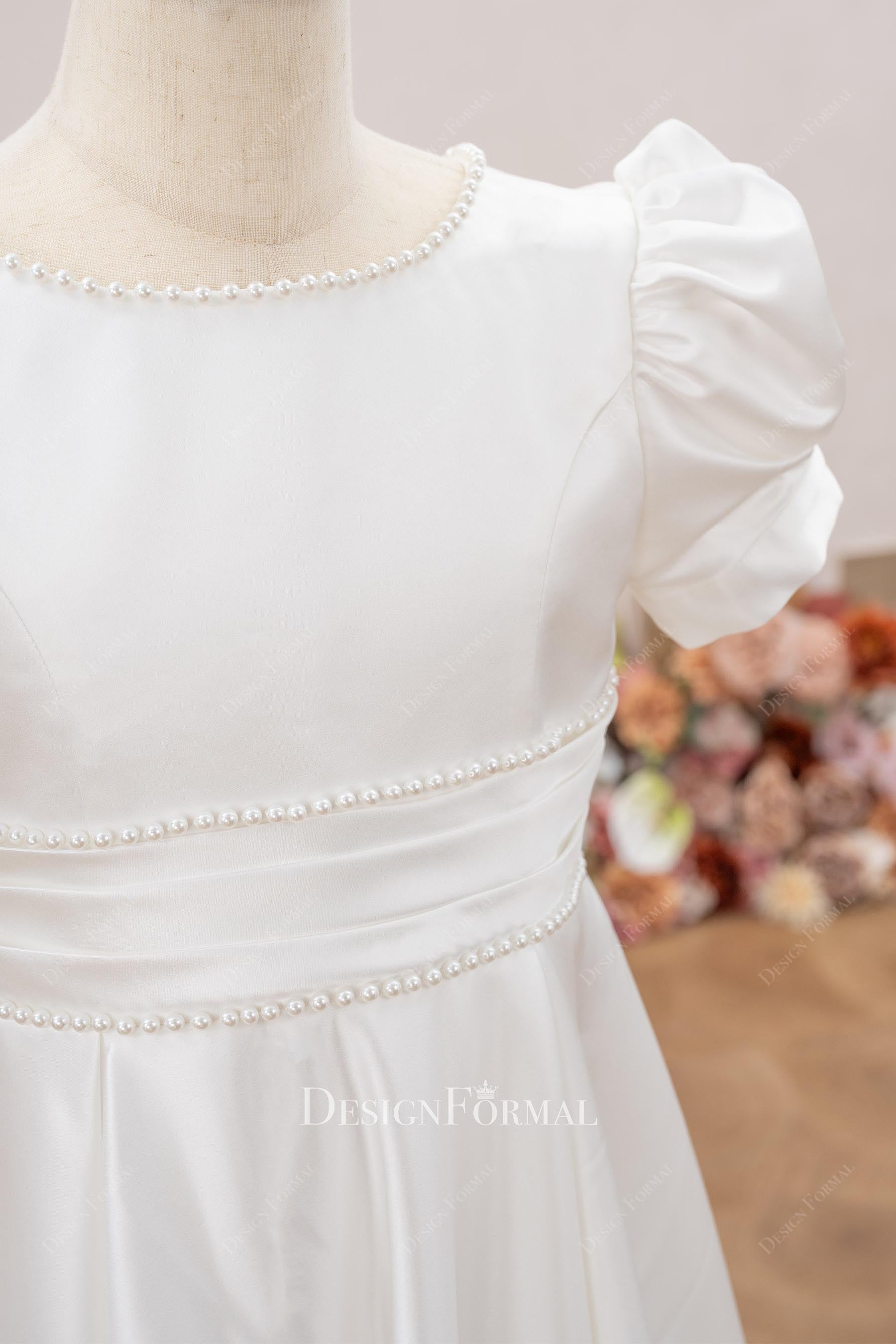 white satin boat neck flower girl dress 